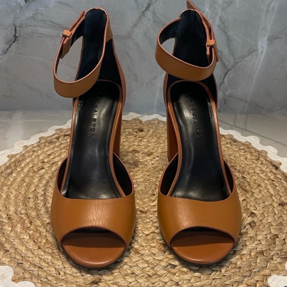 H by Halston Tan Brown Leather Open-Toe Ankle Strap Heels
